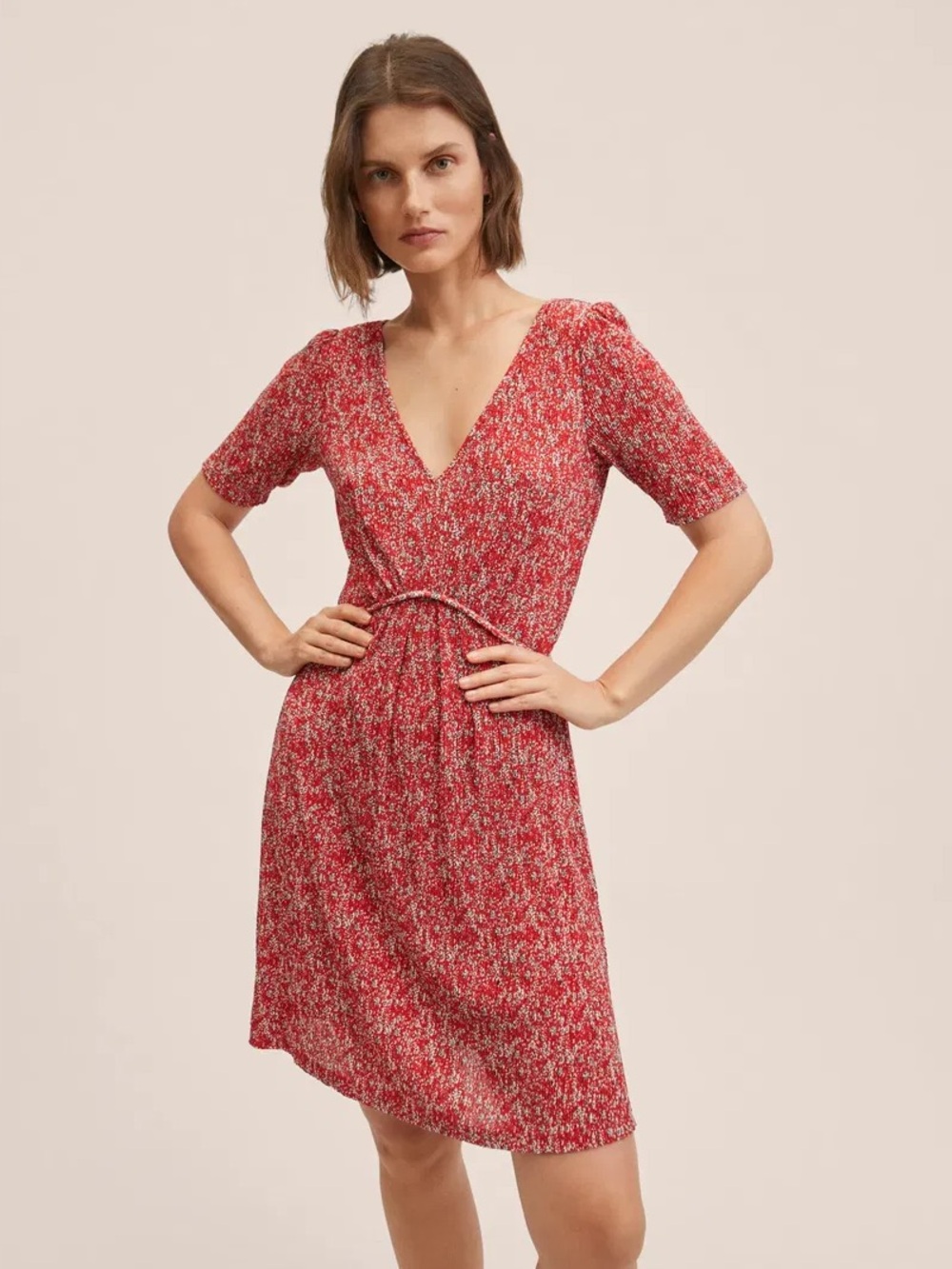 Mango Red Floral Print Pleated Dress